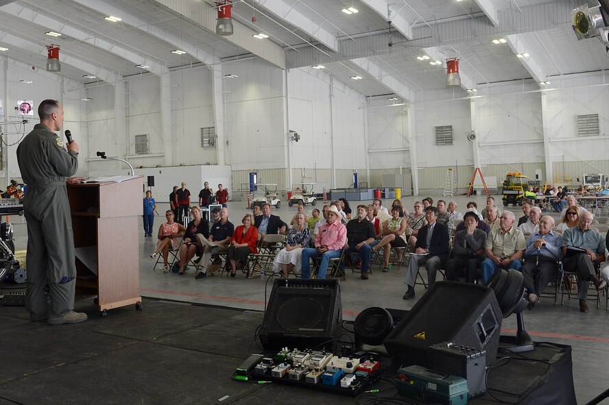 Col. Leonard Kosinski, 62nd Airlift Wing commander, speaks to the Port of Moses Lake board of director and the local community during the 50th Anniversary of the Port of Moses Lake July 1, 2016 at Grant County International Airport, Wash. To mark the 50th Anniversary from the day the U.S. Air Force handed over the keys of Larson Air Force Base to the Port of Moses Lake, officials hosted an open house for the local community. (U.S. Air Force photo/Senior Airman Divine Cox)