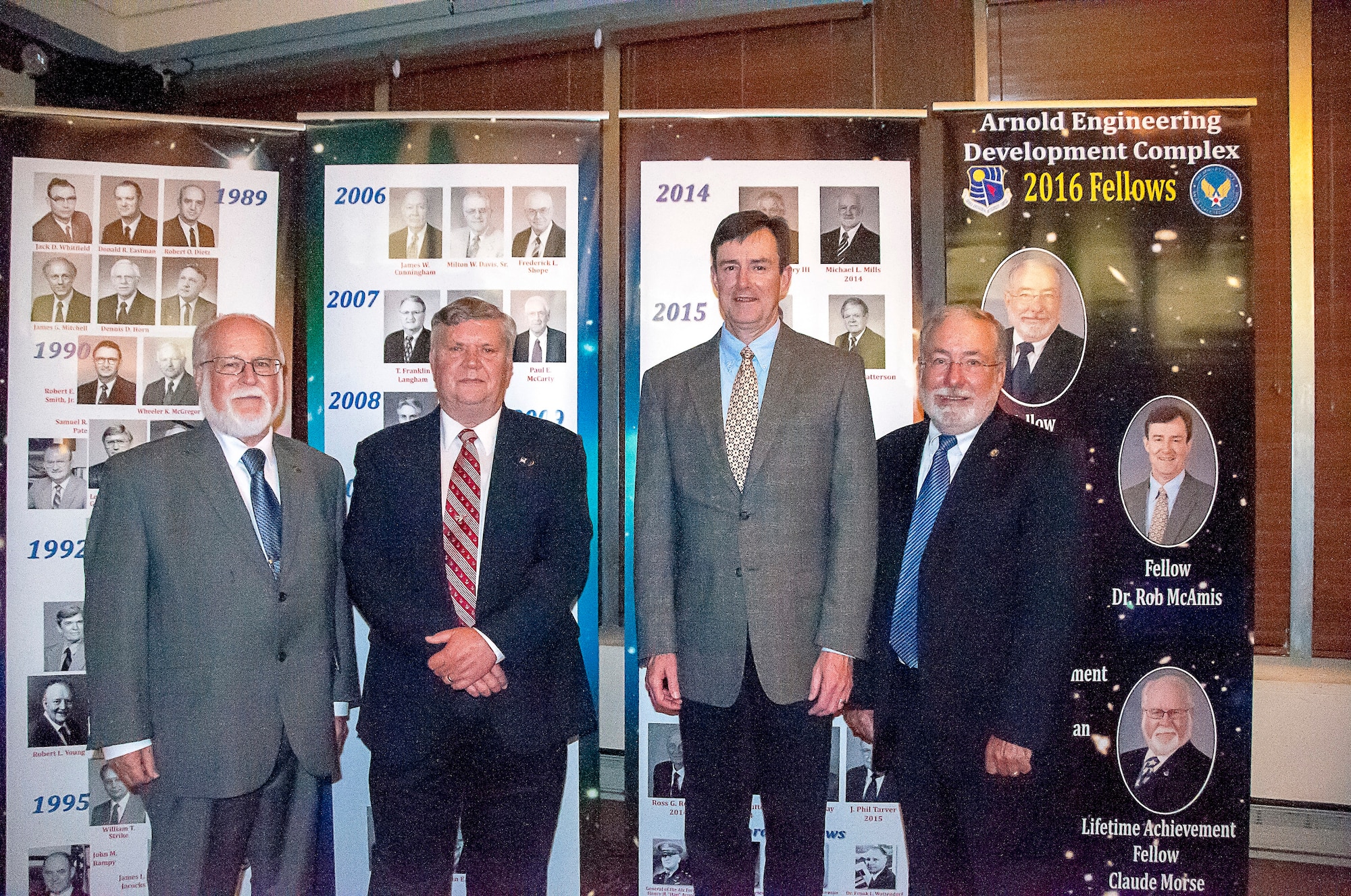 The 2016 AEDC Fellows pause for a photo during the AEDC Fellows Banquet June 24 at the Arnold Lakeside Center. Pictured left to right are AEDC Lifetime Achievement Fellows Claude Morse and Bob Lindeman and AEDC Fellows Dr. Rob McAmis and Tom Best. AEDC Fellows are past and present personnel recognized for their accomplishments and contributions to the Complex. (U.S. Air Force photo/Holly Peterson)
