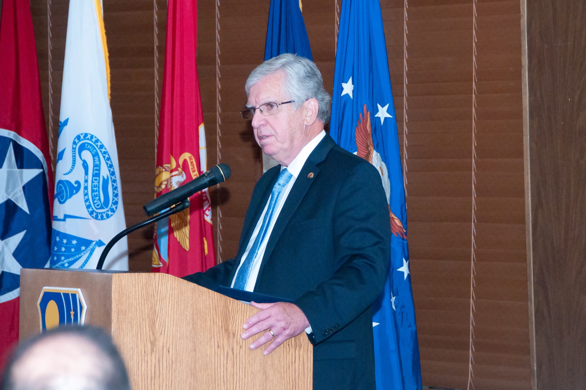 AEDC Chief Technologist Dr. Edward Kraft delivers a speech to attendees of the AEDC Fellows Banquet June 24 at the Arnold Lakeside Center. The 2016 AEDC Fellows are Tom Best and Dr. Rob McAmis. The Lifetime Achievement Fellows are Bob Lindeman and Claude Morse. AEDC Fellows are past and present personnel recognized for their accomplishments and contributions to the Complex. (U.S. Air Force photo/Holly Peterson)
