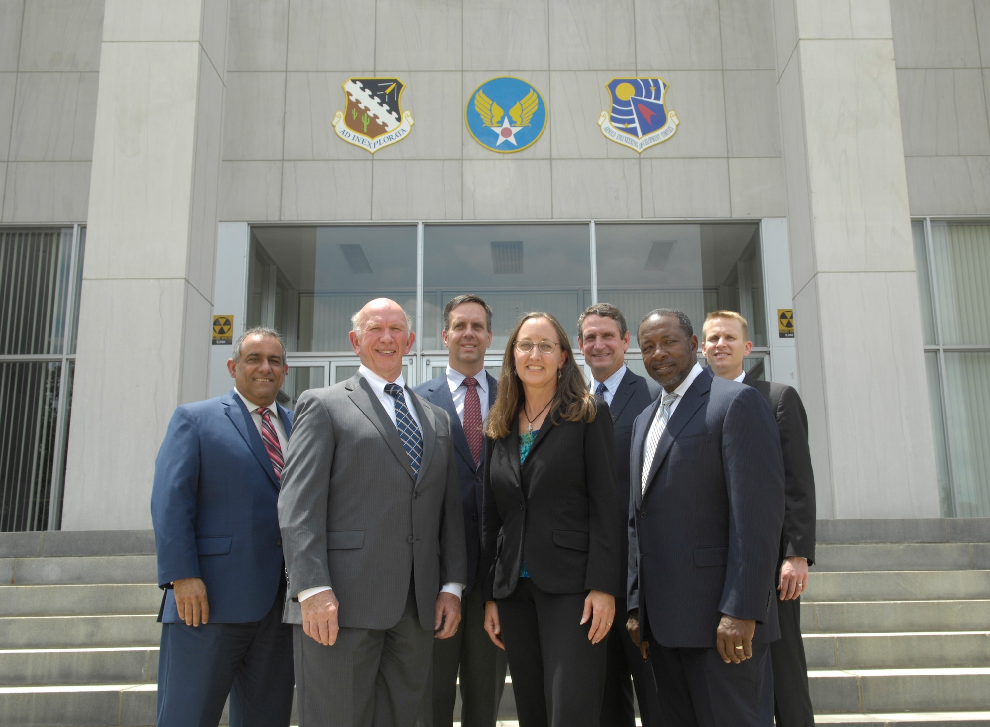Pictured left to right, on the front row is Doug Pearson, NAS deputy general manager; Cynthia Rivera, NAS general manager; and Woodrow Whitlow, NAS technical director. Back row, left to right: Mike Lugo, National Aerospace Solutions Business Services director; Jeff McBride, NAS Base Operations and Support director; Tom Currie, NAS Mission Execution director; and Ben Souther, NAS Integrated Resources director. National Aerospace Solutions, LLC, is the new contractor overseeing the Test Operations and Sustainment (TOS) contract that began July 1 at Arnold Engineering Development Complex. (Courtesy photo/Bob Pullen)