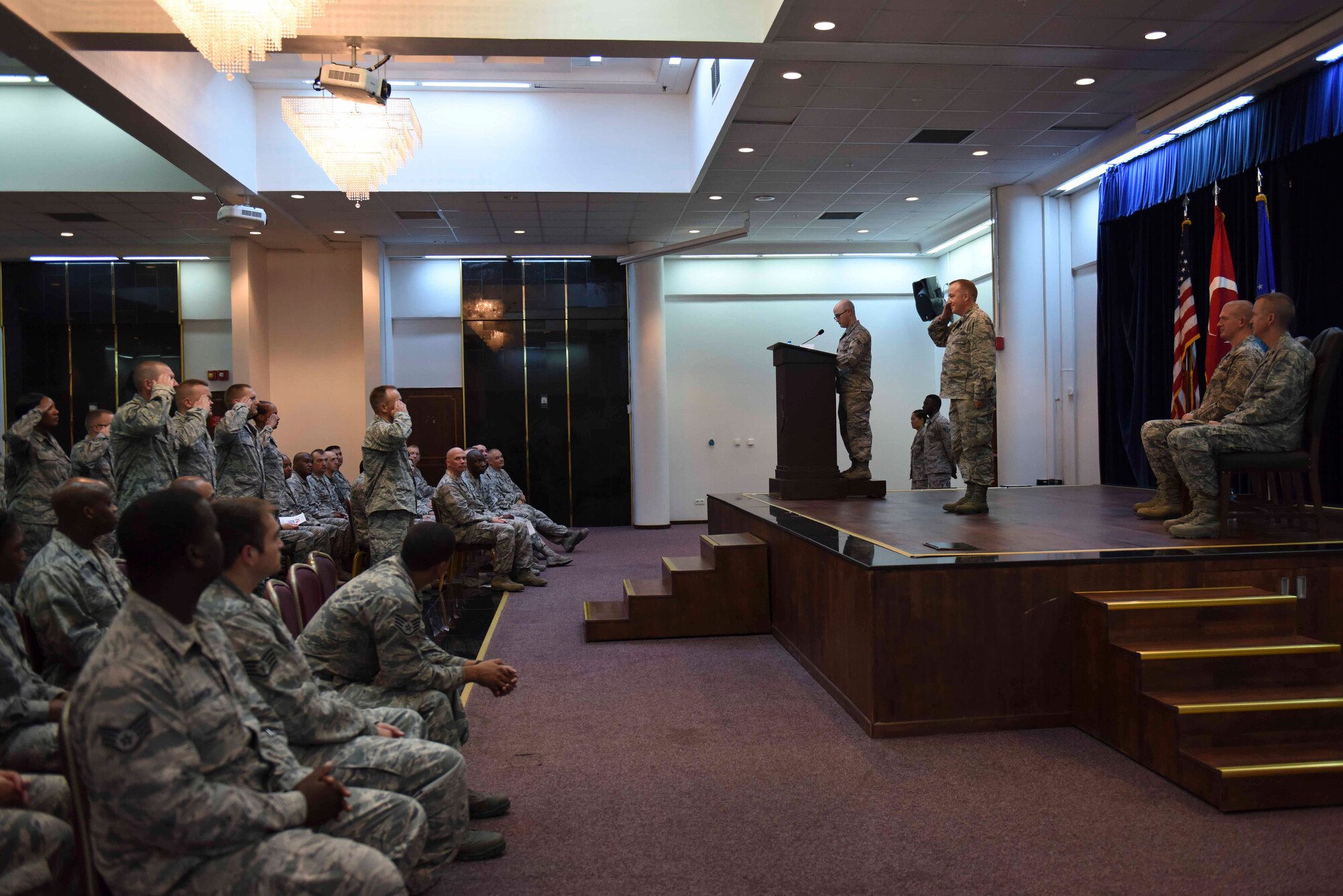 U.S. Air Force Lt. Col. Michael Kersten, 39th Medical Support Squadron commander, renders his first salute to squadron personnel during a change of command ceremony July, 7, 2016, at Incirlik Air Base, Turkey. Prior to taking command, Kersten was the director of operations, 86th Aeromedical Evacuation Squadron, Ramstein Air Base, Germany. (U.S. Air Force photo by Airman 1st Class Devin M. Rumbaugh/Released)