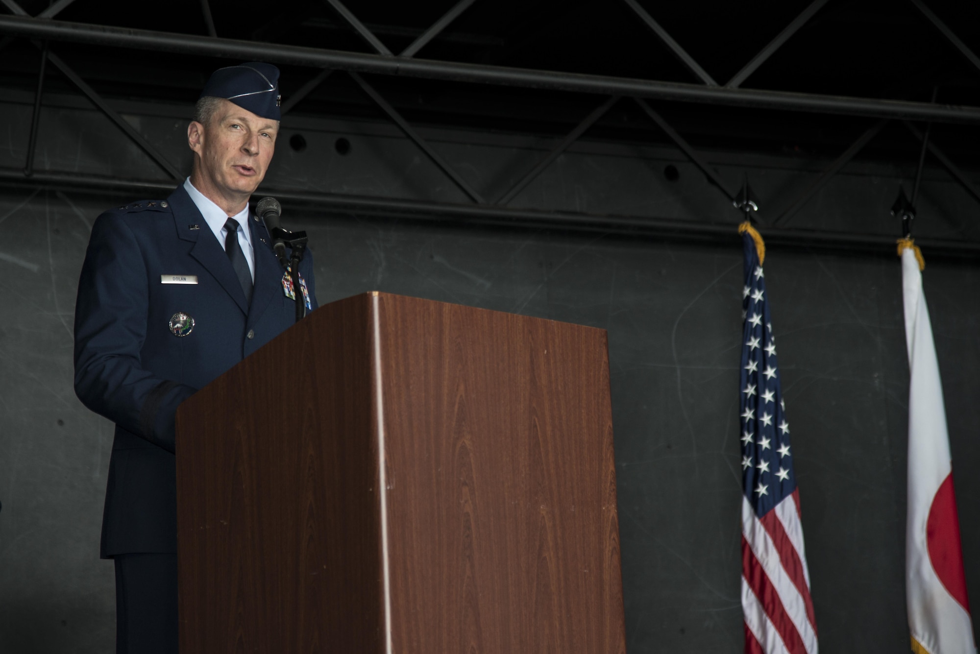 U.S. Air Force Lt. Gen. John Dolan, U.S. Forces, Japan and 5th Air Force commander, addresses Airmen during the 35th Fighter Wing change of command ceremony at Misawa Air Base, Japan, July 7, 2016. Dolan presided over the ceremony, in which Col. Timothy Sundvall relinquished command to Col. R. Scott Jobe. (U.S. Air Force photo by Senior Airman Brittany A. Chase)