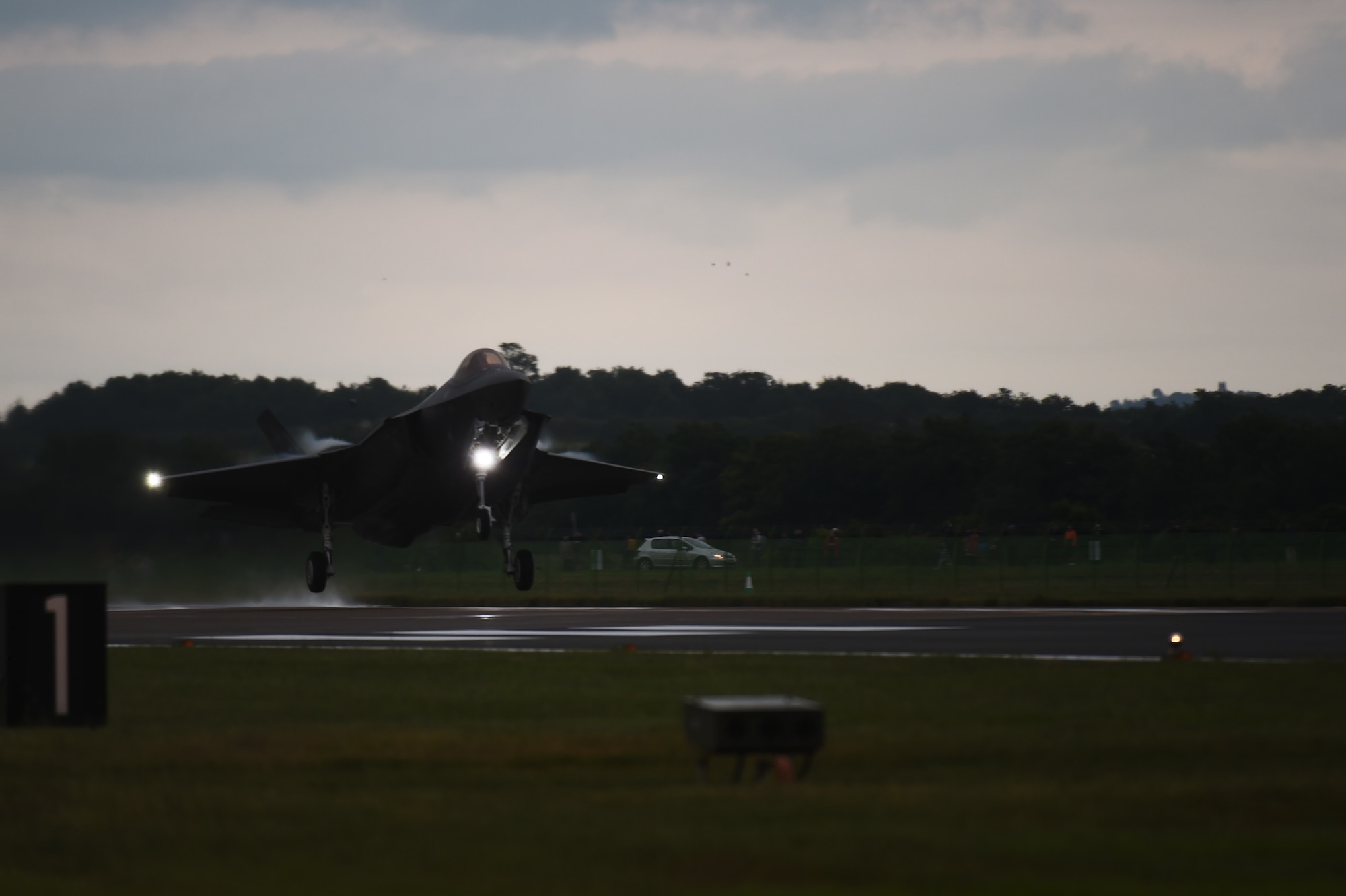 An F-35A Lightning II touches down at RAF Fairford, United Kingdom, June 30, 2016. This marked the first time the U.S. Air Force's newest fighter landed on UK soil. (U.S. Air Force photo by Tech. Sgt. Jarad A. Denton/Released)