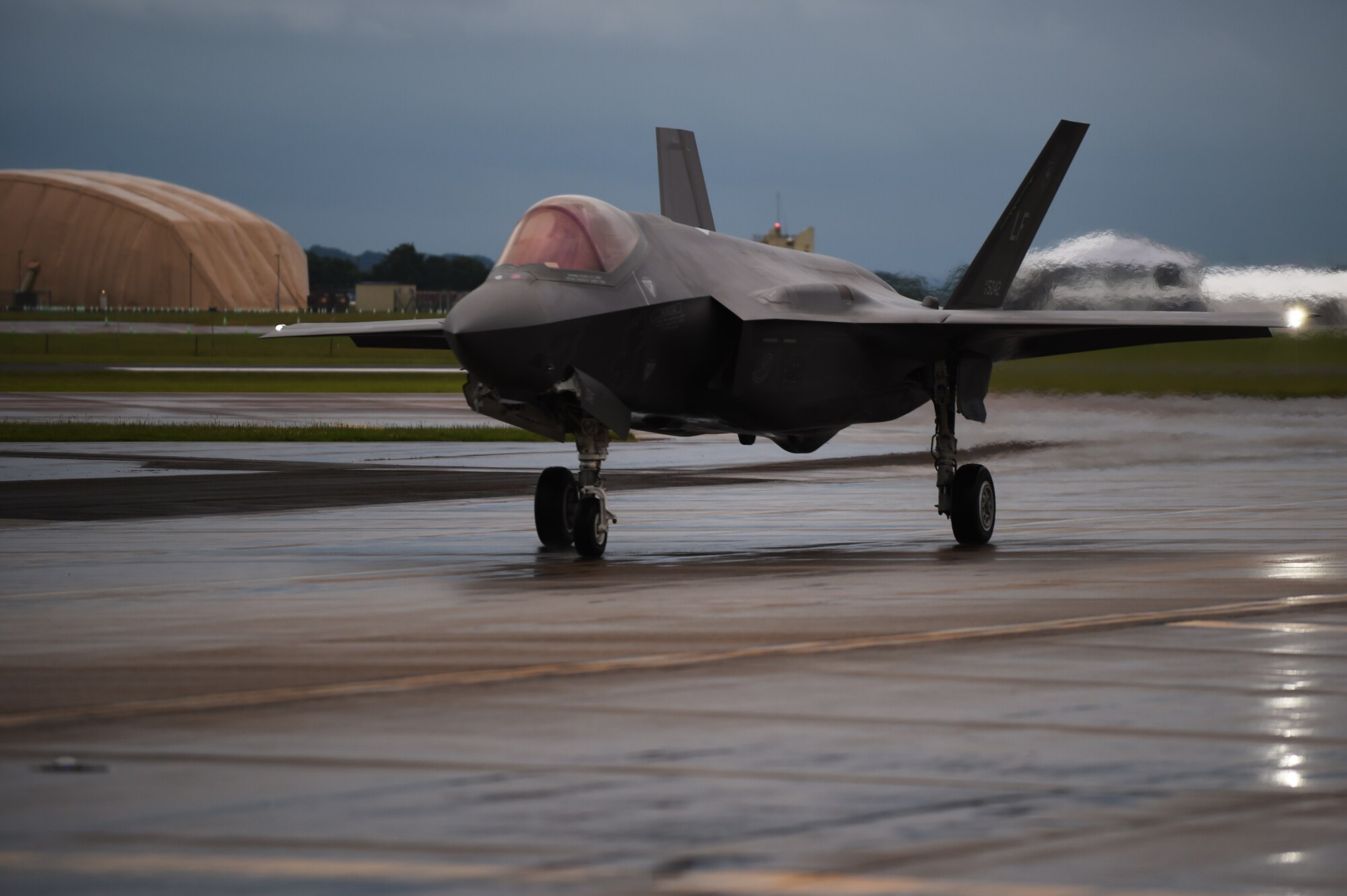 An F-35A Lightning II taxis down the flightline at RAF Fairford, United Kingdom, June 30, 2016. As the U.S. Air Force's newest 5th generation fighter, the F-35 is scheduled to perform aerial demonstrations during the Royal International Air Tattoo. (U.S. Air Force photo by Tech. Sgt. Jarad A. Denton/Released)
