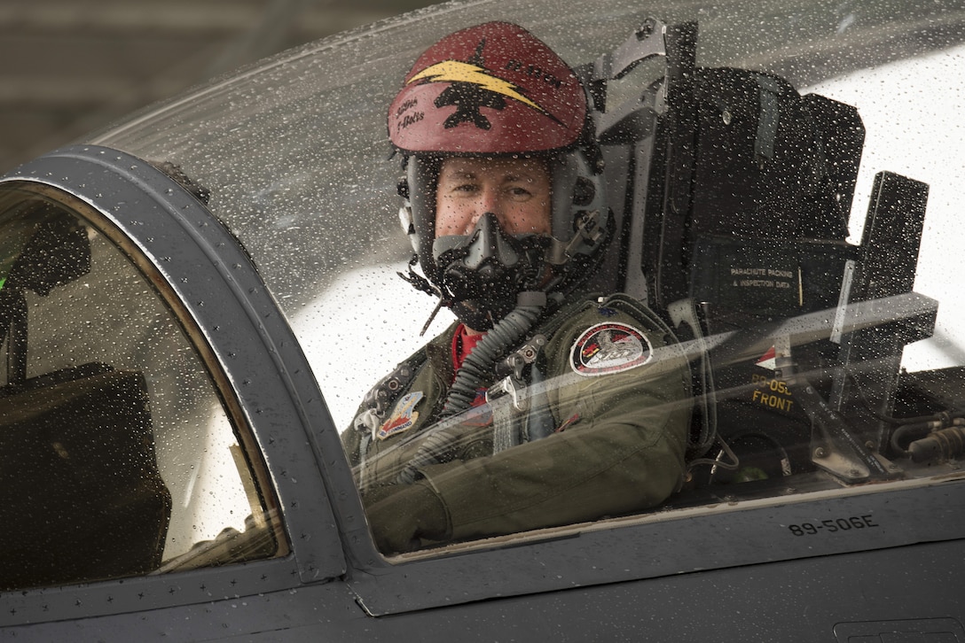 Air Force Lt. Col. Michael Landers, a pilot with the 389th Fighter Squadron, looks out of the cockpit of an F-15E Strike Eagle at Mountain Home Air Force Base, Idaho, after reaching 3,000 flight hours, May 20, 2016. Landers participated in 1,282 sorties and five deployments during his 16-year career. Air Force photo by Airman Alaysia Berry