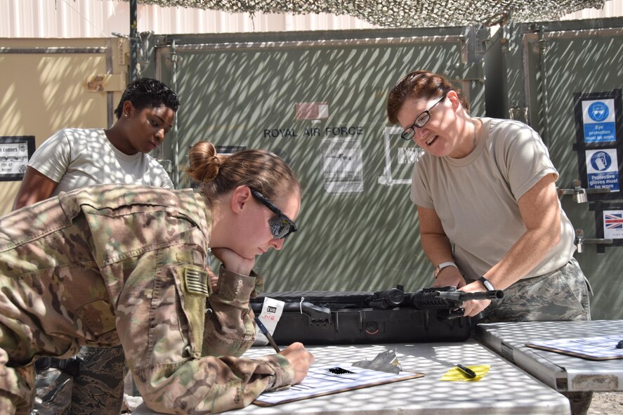 Senior Airman Devondra Randall, armory journeyman (left) and Master Sgt. Suzanne McMurray, NCO in charge transient armory, assist Technical Sgt. Jennifer Brandt June 23, 2016 at Al Udeid Air Base, Qatar.  Brandt, a personnelist on her way downrange, had to turn in her weapons and complete paperwork as she made a planned stop. (U.S. Air Force photo/Technical Sgt. Carlos J. Trevino/Released)