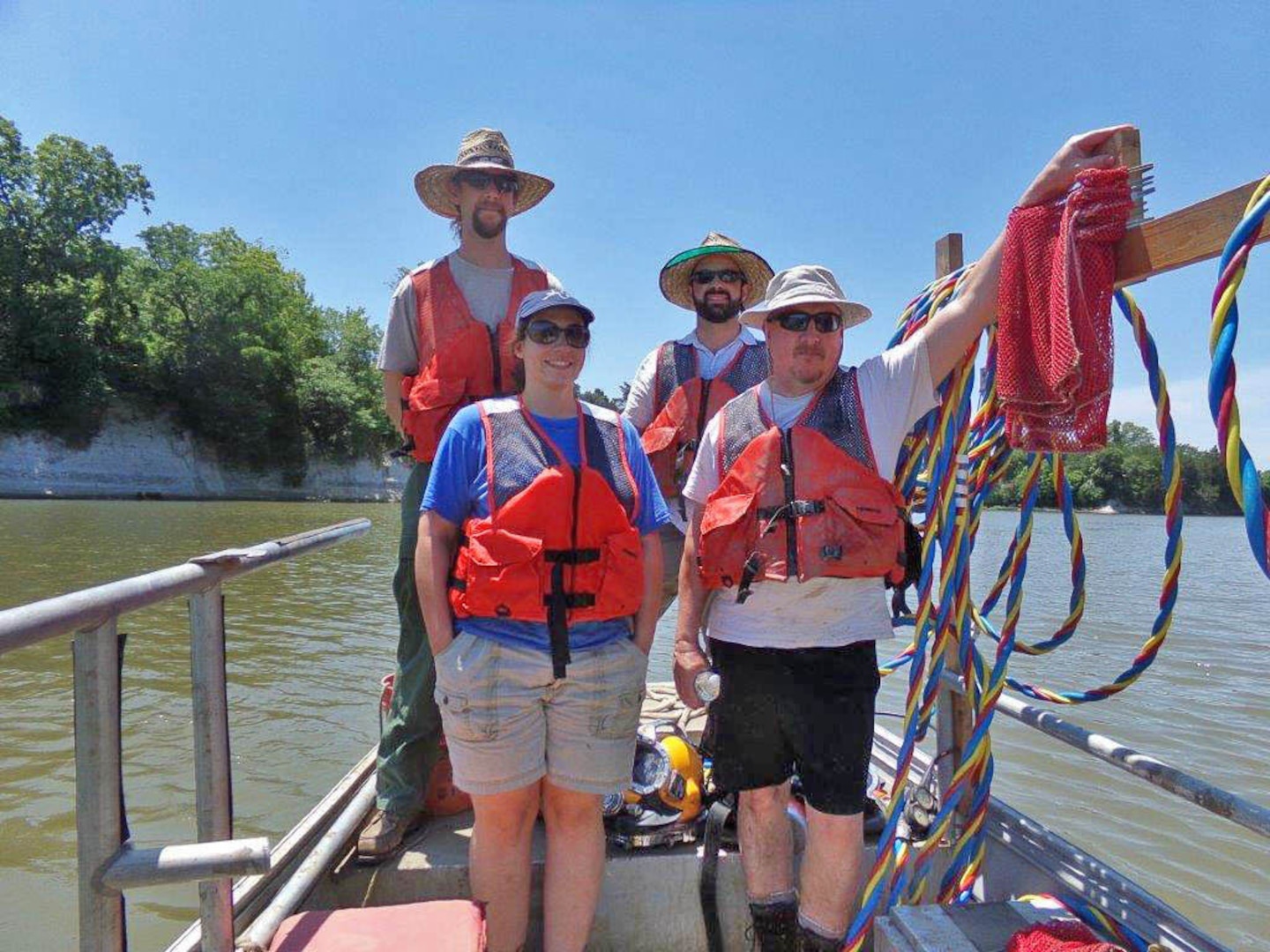 Memphis District Dive Team members on a survey trip to U.S. Coast Guard Foscue Creek Station to ensure federally threatened mussels are not endangered by a proposed dredging operation. (Rear, left to right) Josh Koontz, Mike Thron. (Front, left to right) Andrea Carpenter, Mark Smith.