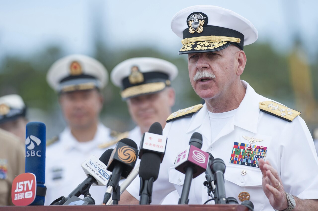 Navy Adm. Scott H. Swift, U.S. Pacific Fleet commander, talks about the 2016 Rim of the Pacific exercise during a news conference at Joint Base Pearl Harbor-Hickam, Hawaii, July 5, 2016. Twenty-six nations, more than 40 ships and submarines, more than 200 aircraft and 25,000 personnel are participating in the world's largest international maritime exercise. Air Force photo by Staff Sgt. Christopher Hubenthal