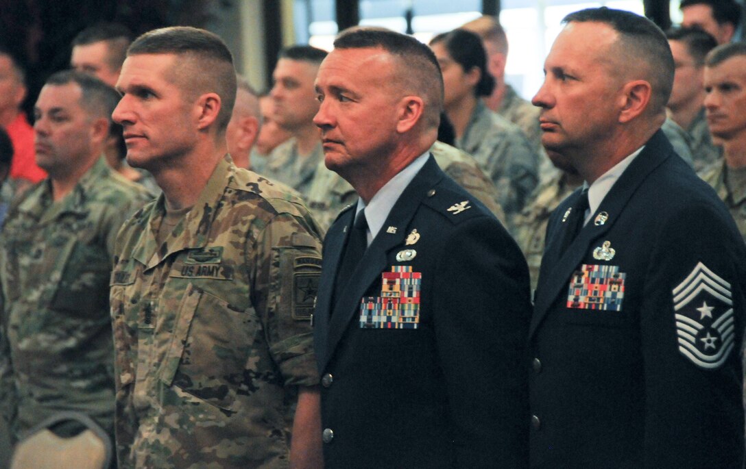 Sgt. Maj. of the Army Daniel A. Dailey (left) joins Col. Frederick D. Thaden, commander of Joint Base McGuire-Dix-Lakehurst (center) and Chief Master Sgt. Craig Poling, command chief master sergeant, JBMDL, during the 2016 Joint Base Service member of the Year ceremony July 7. This event was part of a two-day visit to New Jersey’s joint base that included a tour of the base’s key mission and training assets as well as a town hall meeting with Soldiers and Army civilians. A driving force behind Dailey's visit to the base is the Army's number-one priority of readiness, which allows the Total Army to continue to answer our nation's calls, in an increasingly volatile and uncertain world.