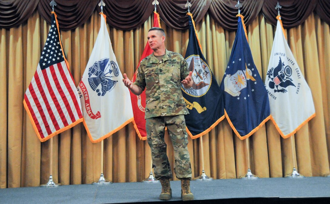 Sgt. Maj. of the Army Daniel A. Dailey delivers opening remarks during the 2016 Joint Base Service member of the Year ceremony July 7 at Joint Base McGuire-Dix-Lakehurst, New Jersey. This event was part of a two-day visit to New Jersey’s joint base that included a tour of the base’s key mission and training assets as well as a town hall meeting with Soldiers and Army civilians. A driving force behind Dailey's visit to the base is the Army's number-one priority of readiness, which allows the Total Army to continue to answer our nation's calls, in an increasingly volatile and uncertain world.