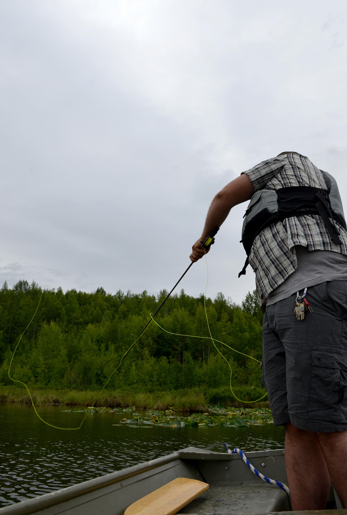 Trevor Bird, Otter Lake manager and Introduction To Fishing class instructor, casts at Joint Base Elmendorf-Richardson’s Otter Lake, June 23, 2016. Otter Lake is one of 11 lakes on JBER available to people with base access to enjoy fishing, Bird said. All necessary equipment can be rented at the Outdoor Recreation Center, further reducing the cost for first-time fishers. (U.S. Air Force photo by Airman 1st Class Javier Alvarez)