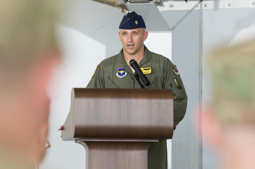 U.S. Air Force Lt. Col. Ryan Hill, 81st Fighter Squadron incoming commander, addresses the audience during a change of command ceremony, July 7, 2016, at Moody Air Force Base, Ga. Hill stated there are three things he looks forward to: filling the big shoes of the previous commander, working with the incredible Team Moody, and supporting his squadron. (U.S. Air Force photo by Senior Airman Ceaira Tinsley/ Released)