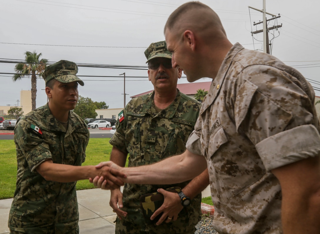 U.S. Marine Corps Maj. David Segraves, staff judge advocate and acting executive officer of the 15th Marine Expeditionary Unit, greets exercise planners from the Mexican Navy for  Rim of the Pacific 2016 at Camp Pendleton, California,. The 15th MEU will be operating alongside the Mexican Navy for the duration of the Southern California portion of RIMPAC. Twenty-six nations, more than 40 ships and submarines, more than 200 aircraft and 25,000 personnel are participating in RIMPAC from June 30 to Aug. 4, in and around the Hawaiian Islands and Southern California. The world's largest international maritime exercise, RIMPAC provides a unique training opportunity that helps participants foster and sustain the cooperative relationships that are critical to ensuring the safety of sea lanes and security on the world's oceans. RIMPAC 2016 is the 25th exercise in the series that began in 1971.
