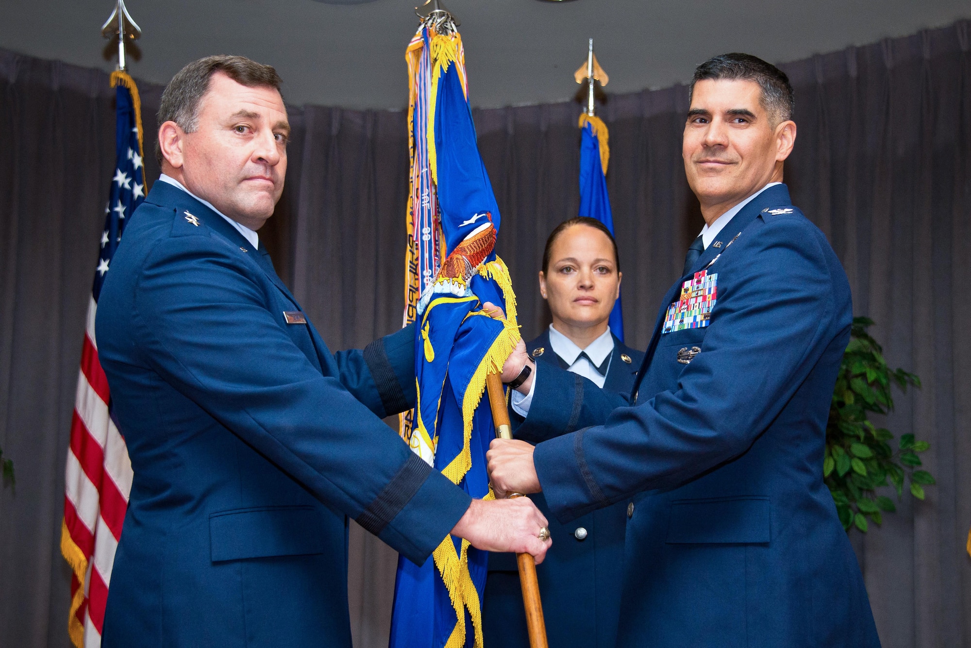 .Maj. Gen. Timothy Leahy, Air University vice commander, transfers command of the 42nd Air Base Wing to Col. Eric Shafa, July 7, 2016, Maxwell Air Force Base, Alabama. Before taking command of the 42nd ABW, Shafa was the commander of the 47th Mission Support Group at Laughlin Air Force Base, Texas, and was a student at Air University’s Squadron Officer School in 1999.  (U.S. Air Force photo/ Donna Burnett.)