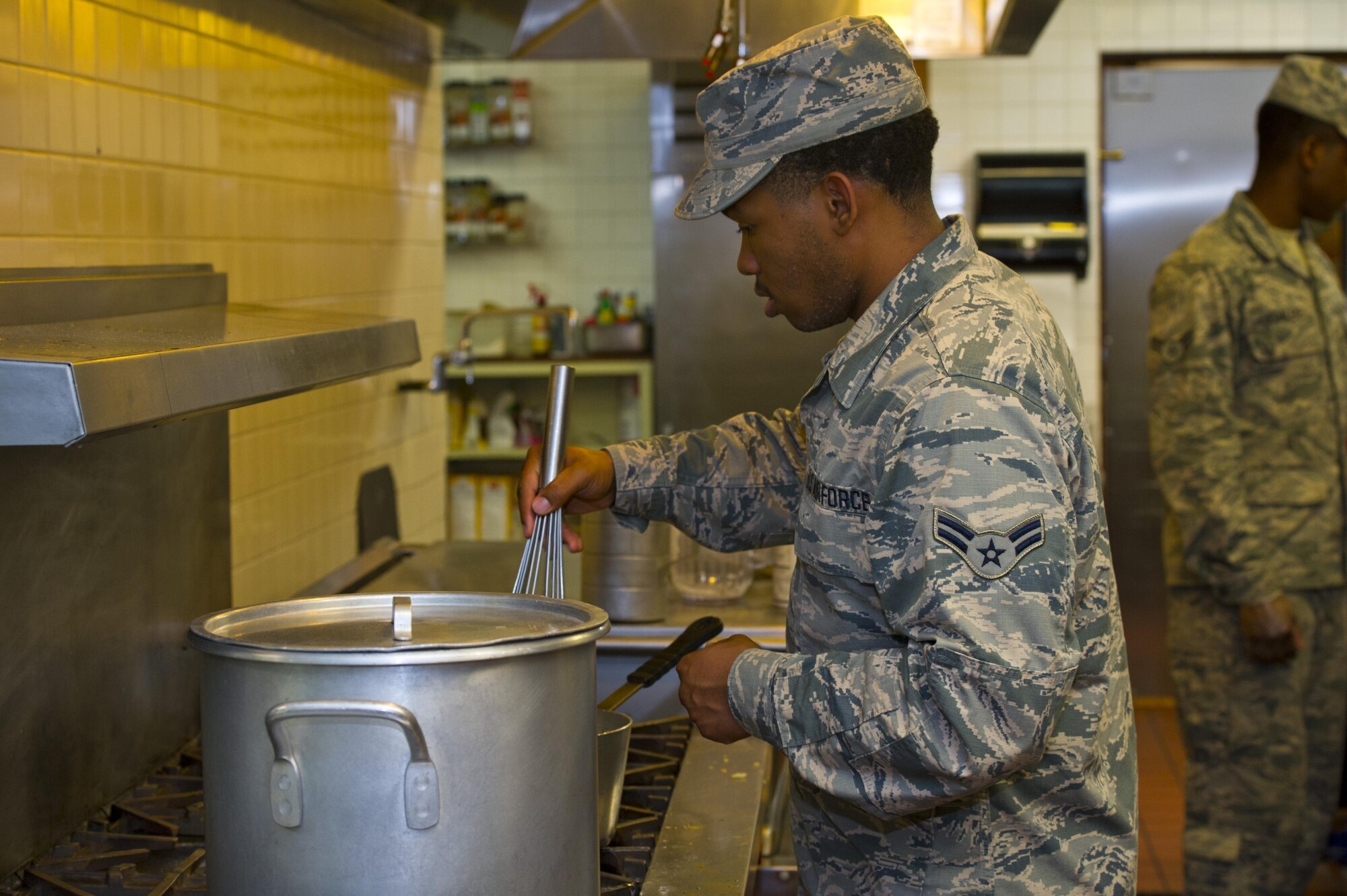 Airman 1st Class Tyron Culverson, 926th Force Support Squadron services apprentice, prepares pasta for a shrimp linguine May 13, 2016, at the Crosswinds Dining Facility. 926th FSS service members have participated in 90-day training blocks in conjunction with the 99th FSS to support active duty manning levels while receiving on the job training.