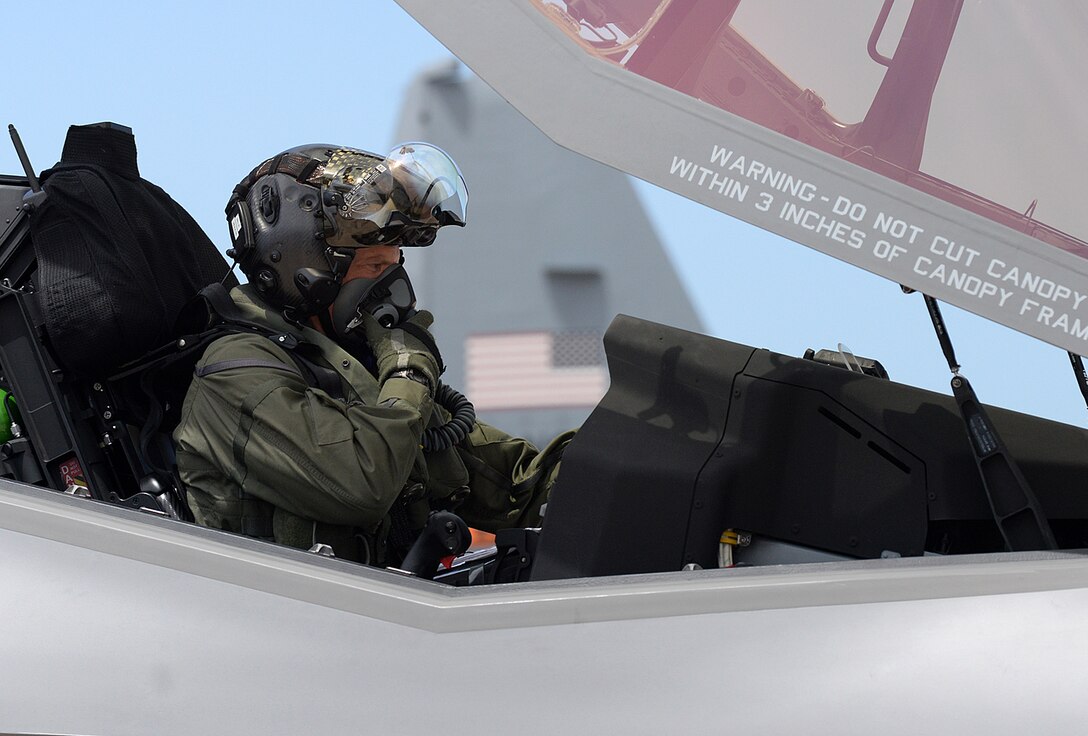 Lt. Col. Kevin Sonar Hall, 514th Flight Test Squadron, conducts a functional test flight on the 388th Fighter Wing's 12th F-35A Lightning II. Hill's Ogden Air Logistics Complex recently completed modifications on the 12th aircraft, which gives the 388th FW and Reserve 419th FW the minimum number of aircraft required to reach “initial operational capability,” or combat-readiness. The units are expected to reach IOC sometime in August-December 2016. (U.S. Air Force photo by Alex R. Lloyd)