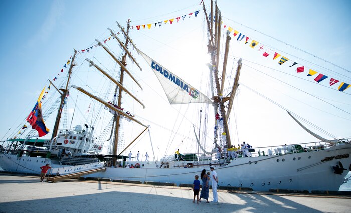 Colombian Tall Ship ARC GLORIA arrives at the Union Pier in Charleston, S.C., July 3, 2016. In November 2016, GLORIA will celebrate 48 years of sailing and delivering the message of international goodwill and friendship, having waved its flag in more than 190 ports around the globe. (U.S. Air Force Photo/Airman Megan Munoz)