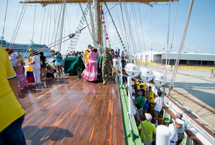 Members of the Charleston community tour the Colombian Tall Ship ARC GLORIA at the Union Pier in Charleston, S.C. July 3, 2016. Community members had the opportunity to board and tour the ship July 3-4. (U.S. Air Force Photo/Airman Megan Munoz)