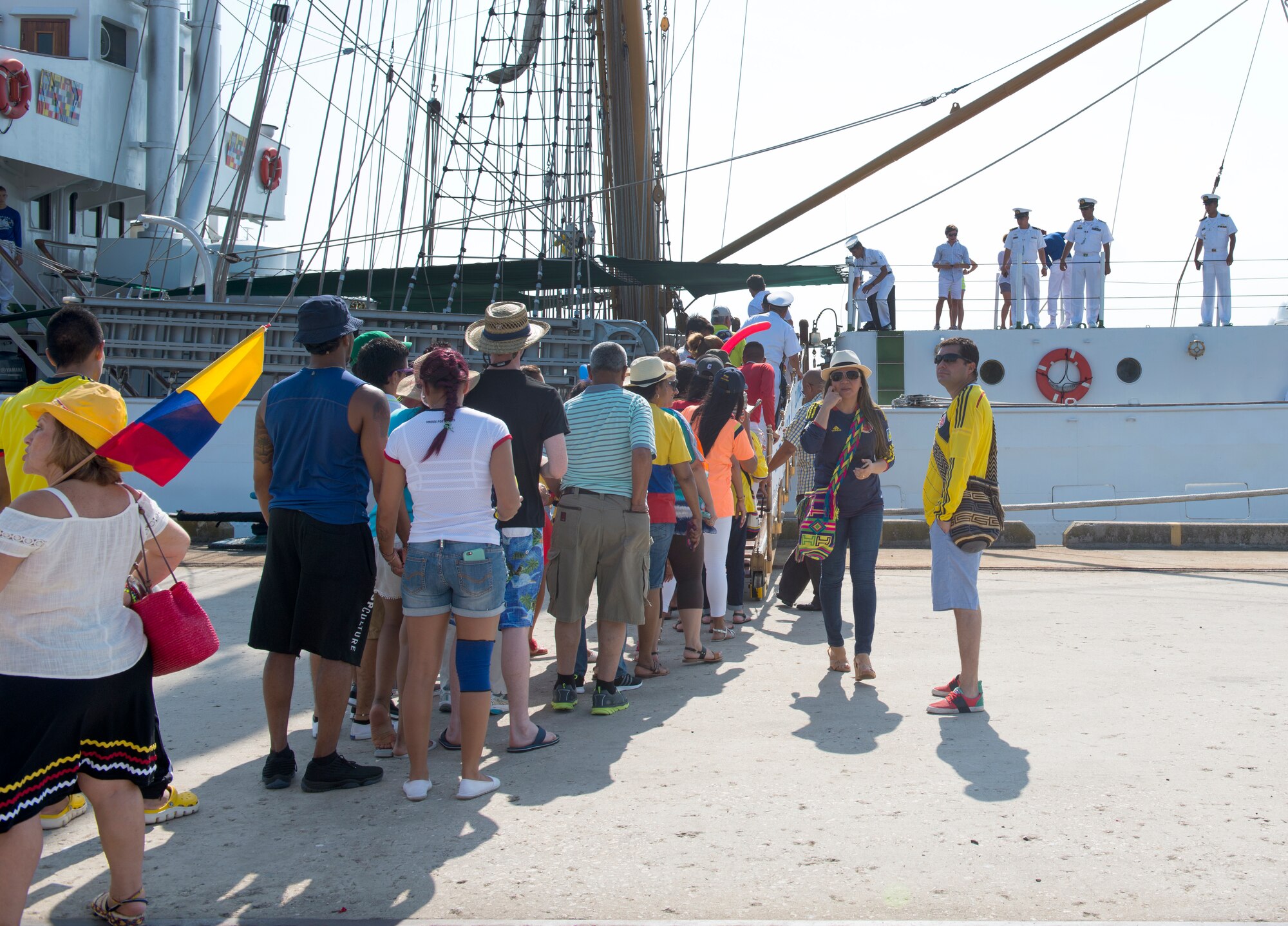 Members of the Charleston community board the Colombian Tall Ship ARC GLORIA at the Union Pier in Charleston, S.C. July 3, 2016. GLORIA is commanded by Captain Mauricio Echandia and manned by a crew of 154, including cadets, who work as a team to raise the ship’s 23 sails and navigate the world’s seas. (U.S. Air Force Photo/Airman Megan Munoz)