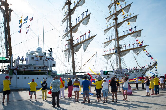 Members of the Charleston community greet Colombian Tall Ship ARC GLORIA as it docks at the Union Pier in Charleston, S.C. GLORIA’s visit to Charleston presented an opportunity for the local community to welcome a group of young Colombian cadets during their goodwill training cruise. (U.S. Air Force Photo/Airman Megan Munoz)