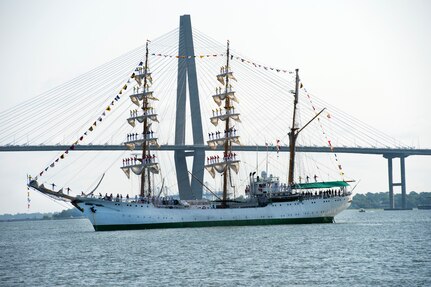 Colombian Tall Ship ARC GLORIA sails on the Cooper River before docking at the Union Pier in Charleston, S.C., July 3, 2016. The three-mast sailing vessel visits cities all over the world educating audiences about Colombian culture and naval history. (U.S. Air Force Photo/Airman Megan Munoz)