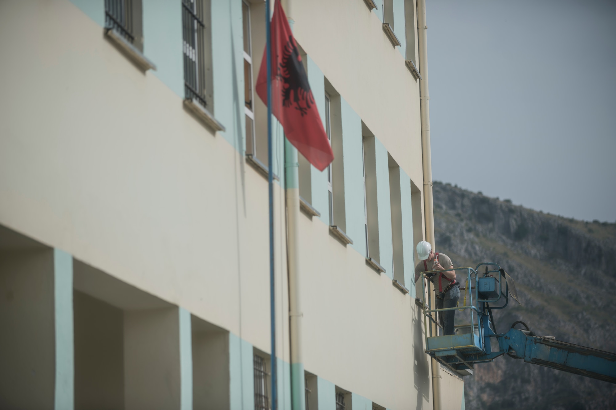 The local school in Mjede, Albania, saw numerous renovations by Airmen from the 107th Civil Engineer Squadron, Niagara Falls Air Reserve Station, N.Y., during June 18-July 2, 2016. The Airmen did such work as cleaning up the grounds, replacing windows and painting as part of a Deployment For Training. (U.S. Air Force Photo by Staff Sgt. Ryan Campbell/Released))