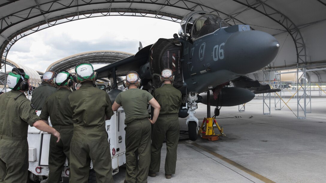 Marines with Marine Attack Squadron 231, Marine Aircraft Group 14, 2nd Marine Aircraft Wing perform a hydraulic systems inspection an AV-8B Harrier at Marine Corps Air Station Cherry Point, North Carolina, June 30, 2016. By performing daily tasks and needed maintenance on the aircraft to ensure readiness, Marines maintain their squadron’s ability to deploy at a moment's notice.