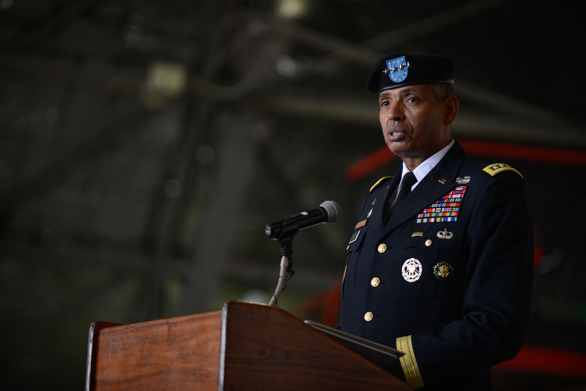Gen. Vincent K. Brooks, U.S. Forces Korea commander, addresses the audience during the Seventh Air Force change of command ceremony at Osan Air Base July 8, 2016. Lt. Gen. Thomas W. Bergeson became the 34th commander of Seventh Air Force, taking over for Lt. Gen. Terrence J. O'Shaughnessy who moves on to take over as Pacific Air Forces commander. (U.S. Air Force photo by Senior Airman Dillian Bamman/Released)