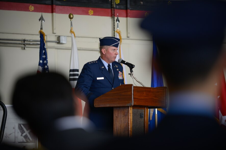 Lt. Gen. Thomas W. Bergeson addresses the Airmen of Seventh Air Force and distinguished visitors during a change of command ceremony at Osan Air Base July 8, 2016. Bergeson accepted command of Seventh Air Force, taking over for Lt. Gen. Terrence J. O'Shaughnessy who moves on to take over as Pacific Air Forces commander. (U.S. Air Force photo by Senior Airman Dillian Bamman)