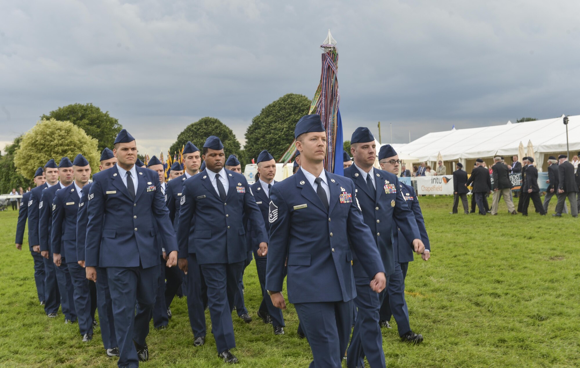 Airmen from the 48th Fighter Wing march during the Royal Norfolk Show in Norfolk, England, June 30. Invited by the Norfolk County Council, Royal Air Force Lakenheath participated in the annual Royal Norfolk Show, showcasing military branches in the local community. (U.S. Air Force photo/Senior Airman Nigel Sandridge)