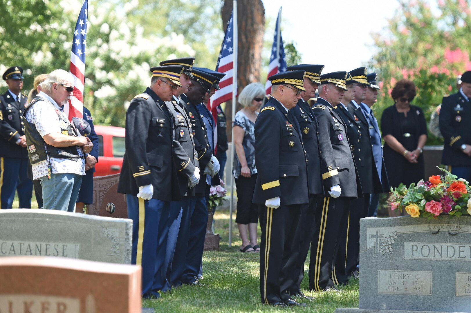 Gen. Frank Grass, chief of the National Guard Bureau, with members of the Louisiana National Guard’s command group render honors to retired Maj. Gen. Ansel M. Stroud, Jr., during his interment July 7, 2016 at Forest Park Cemetery, Shreveport, La. Maj. Gen. Stroud was the adjutant general of LANG from 1980 – 1997, and served under four governors in La.