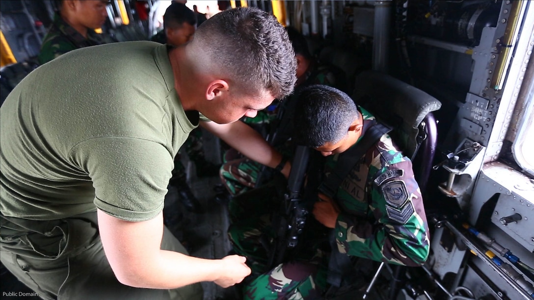 U.S. Marines show Indonesian soldiers the proper way to strap into the chair of a CH-53E Super Stallion helicopter July 5, 2016, at Marine Corps Base Hawaii. This training is designed to enhance the interoperability of the combined RIMPAC forces across during  military operations in the maritime environment. Exercise Rim of the Pacific 16 is the world's largest international maritime exercise, and provides a unique training opportunity that helps participants foster and sustain cooperative relationships that are critical to ensuring the safety of sea lanes and on the world's oceans. RIMPAC 2016 is the 25th exercise in the series that began in 1971. 