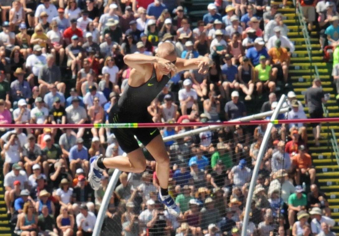 Pole vaulter Army 2nd Lt. Sam Kendricks competes in a preliminary round at the U.S. Olympic track and field trials in Eugene, Ore., July 2, 2016. Two days later, Kendricks set an Olympic trials record, finishing first in the finals and earning a spot on the U.S. Olympic team. Army photo by David Vergun