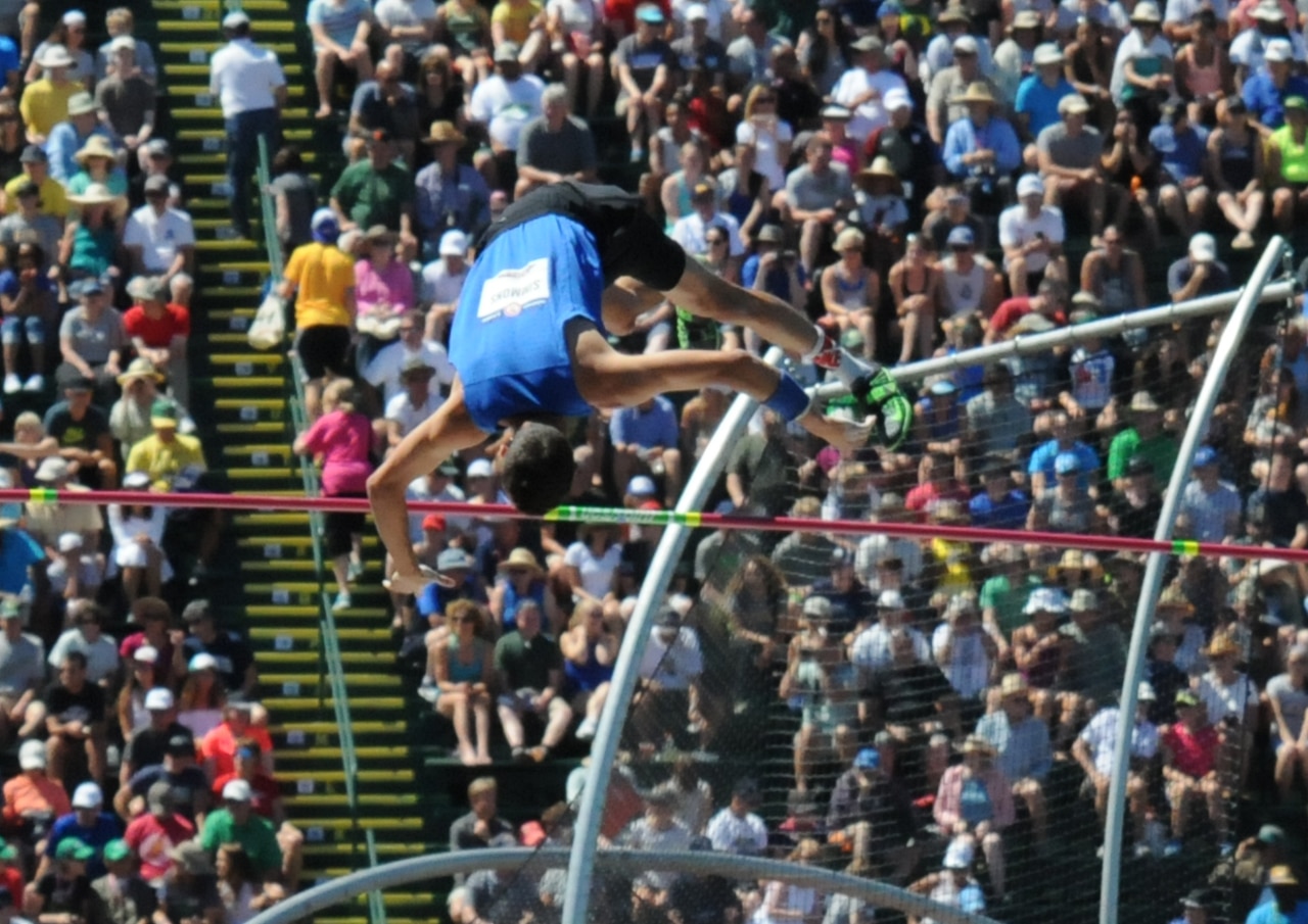 Pole vaulter Air Force 1st Lt. Cale Simmons clears the bar during the U.S. Olympic track and field trials in Eugene, Ore., July 2, 2016. Two days later, he secured a spot on the U.S. Olympic team with a second-place finish in the finals. Army photo by David Vergun