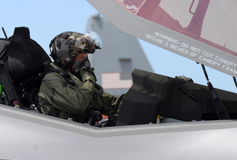 Lt. Col. Kevin "Sonar" Hall, 514th Flight Test Squadron, prepares to test fly the twelfth, 388th Fighter Wing, F-35A Lightning II aircraft needed to declare initial operational capability (IOC) depot and unit-level modifications were completed June 30, 2016 at Hill Air Force Base, Utah. During the flight he ensured the modifications were corrected to an overpressure condition in the fuel system during elevated G-maneuvers and fuel migration between internal fuel tanks. (U.S. Air Force Photo by Alex R. Lloyd)