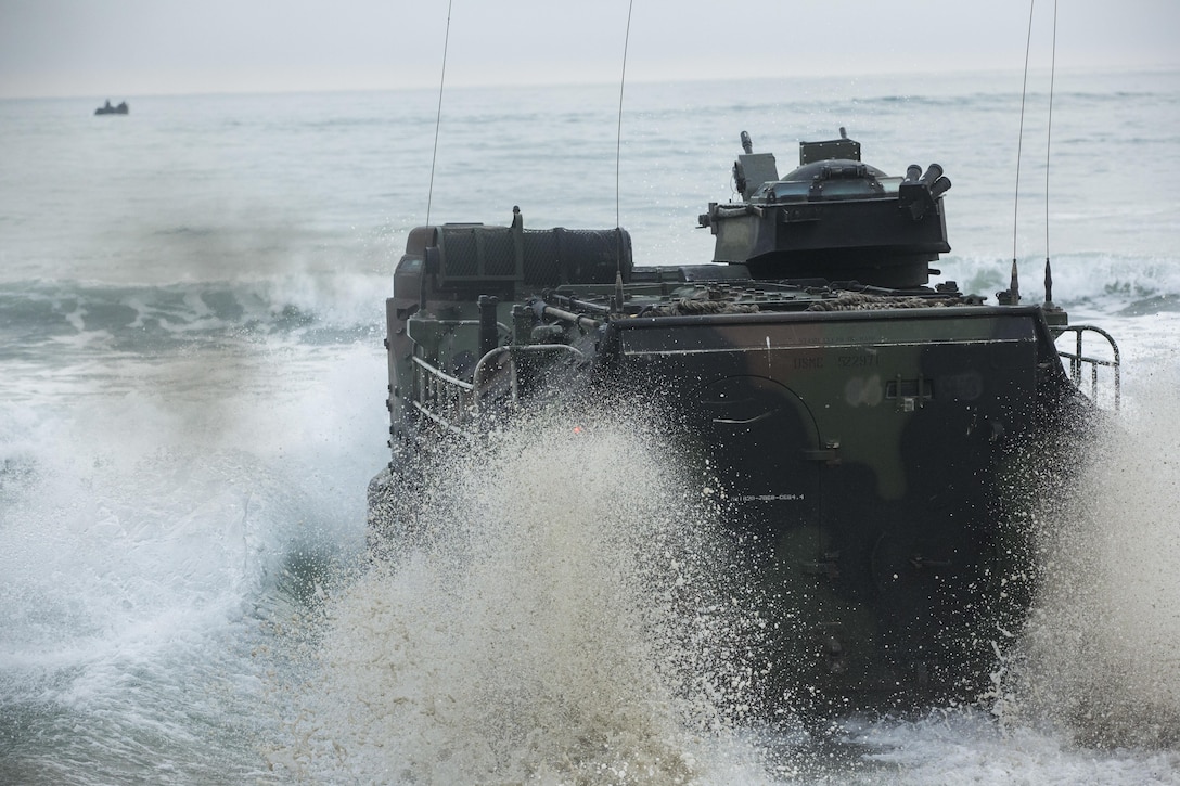 An amphibious assault vehicle with Headquarters and Service Company, 3D Assault Amphibian Battalion, 1st Marine Division, conduct amphibious combat sustainment training near White Beach aboard Marine Corps Base Camp Pendleton, Calif., June 38-30, 2016. The exercises helped leaders within 3D AA Bn evaluate their newer Marines while ensuring their own skills remain sharp. The battalion is charged with forcible entry and ship-to-shore transportation of the ground combat element of I Marine Expeditionary Force. (U.S. Marine Corps photo by Sgt. Jacob D. Osborne/Released)