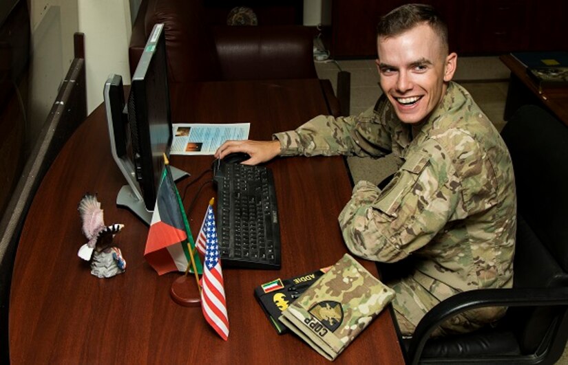 Cadet Spenser Copp, a native of Fairfax, Va. with F Company, 2nd Regiment at the U.S. Military Academy, West Point, N.Y. works at Host Nation Affairs, Area Support Group – Kuwait, June 24. The cadet interned at Camp Arifjan, Kuwait from June 13 to July 1 as part of a unique, hands-on training opportunity hosted by U.S. Army Central’s Civil Military Operations and HNA, ASG – Ku.