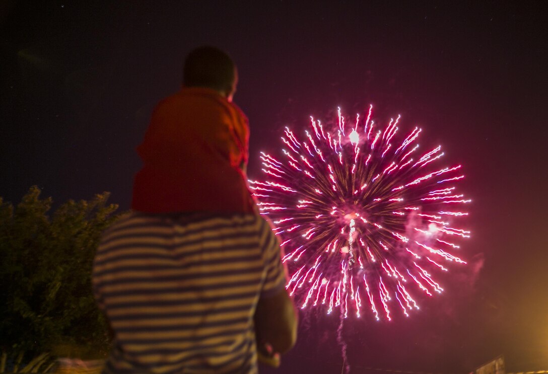 Master Sgt. Wally Robinson, communications chief, Marine Corps Communication-Electronics School, and his son Tristan, 5, watch a firework display during the Twentynine Palms Independence Day Celebration at Luckie Park in Twentynine Palms, Calif., July 4, 2016. (Official Marine Corps photo by Lance Cpl. Dave Flores/Released)