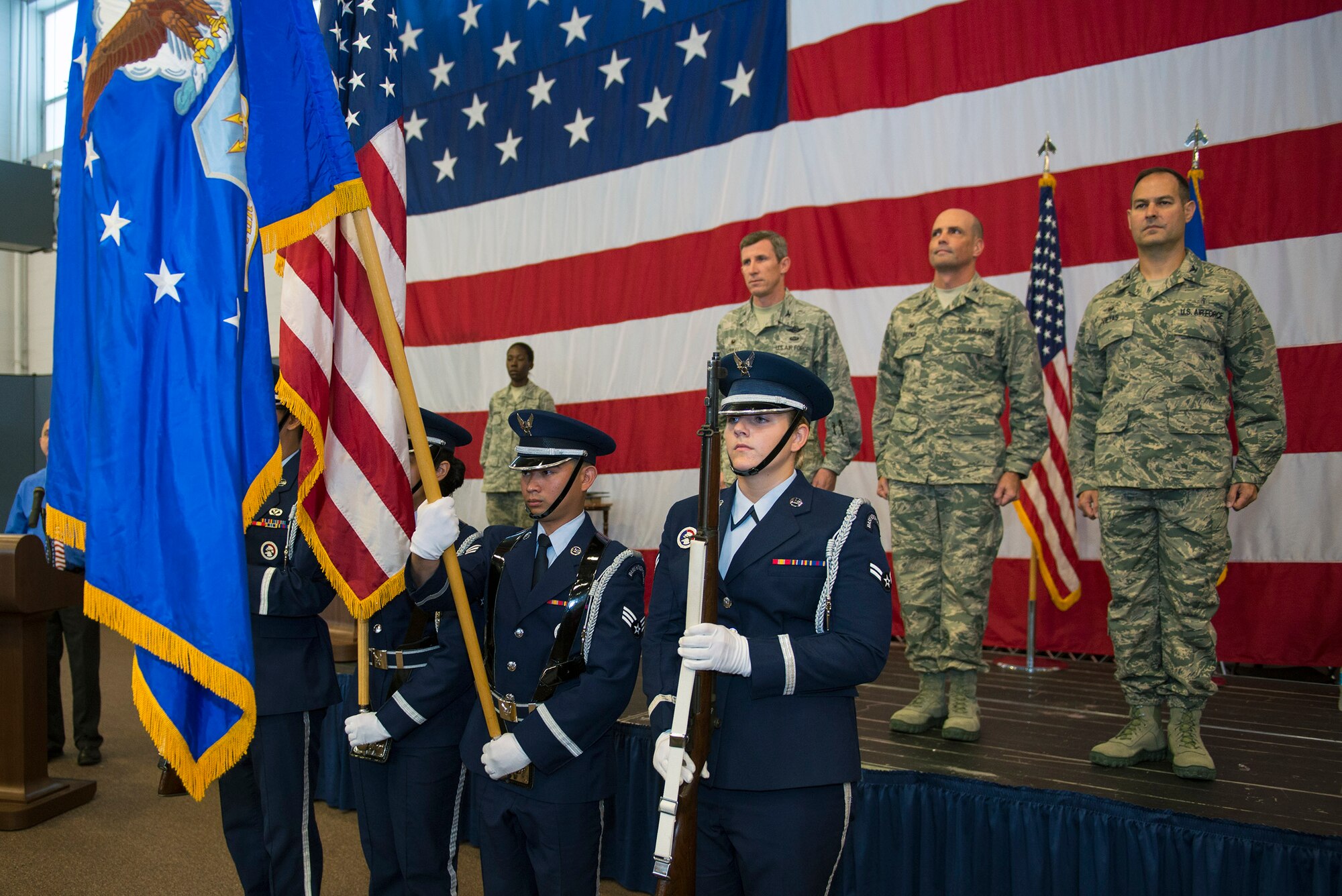 Moody’s Base Honor Guard presents the colors during a change of command ceremony, July 8, 2016, at Moody Air Force Base, Ga. During the ceremony, U.S. Air Force Col. Peter Breed, relinquished command of the 23d Medical Group as Col. Jay Vietas assumed command. (U.S. Air Force photo by Airman 1st Class Greg Nash/Released) 