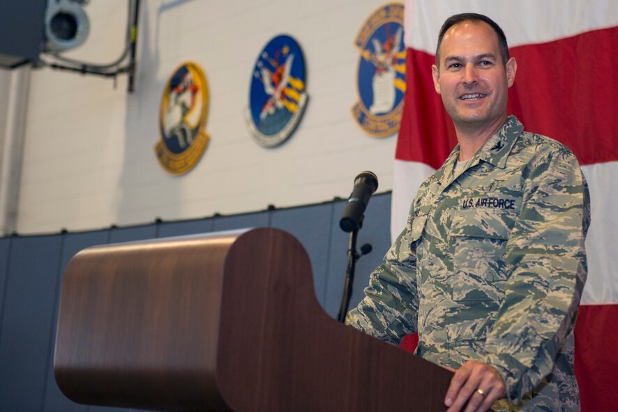 U.S. Air Force Col. Jay Vietas, 23d Medical Group incoming commander, offers his first remarks during a change of command ceremony, July 8, 2016, at Moody Air Force Base, Ga. Vietas commended Col. Peter Breed, 23d MDG outgoing commander, for his efforts and embraces the challenge of adding to the Tiger Medic’s historic legacy.  (U.S. Air Force photo by Airman 1st Class Greg Nash/Released)