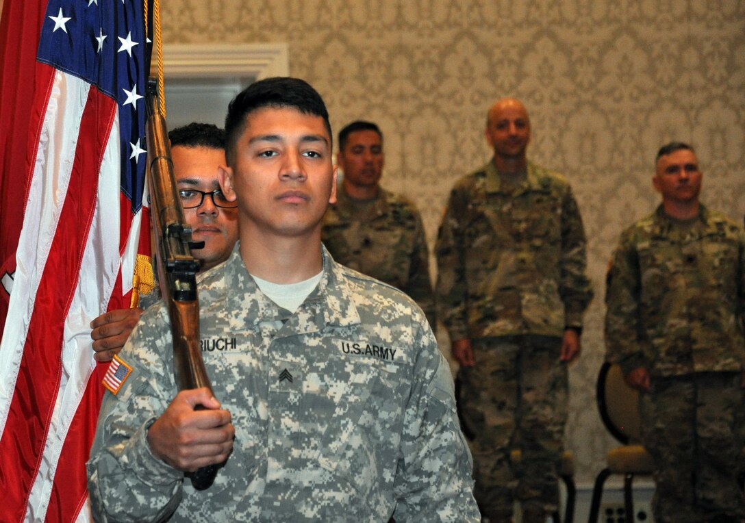 Soldiers from the 864th Engineer Battalion, stationed at Joint Base Lewis-McChord, near Tacoma, Washington, provided a ceremonial color guard for the U.S. Army Corps of Engineers, Walla Walla District, change-of-command ceremony, held July 8, 2016 at the Marcus Whitman Hotel and Conference Center in downtown Walla Walla. (U.S. Corps of Engineers photo)