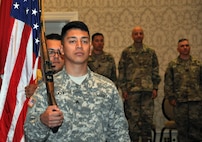 Soldiers from the 864th Engineer Battalion, stationed at Joint Base Lewis-McChord, near Tacoma, Washington, provided a ceremonial color guard for the U.S. Army Corps of Engineers, Walla Walla District, change-of-command ceremony, held July 8, 2016 at the Marcus Whitman Hotel and Conference Center in downtown Walla Walla. (U.S. Corps of Engineers photo)