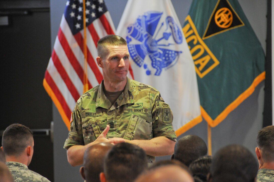 Sgt. Maj. of the Army Daniel A. Dailey meets with Army and Air Force students attending the Basic Leader Course at the Noncommissioned Officer Academy July 7 during a visit to Joint Base McGuire-Dix-Lakehurst, New Jersey. This event was part of a two-day visit to the joint base that included a tour of the base’s key mission and training assets as well as a town hall meeting with Soldiers and Army civilians. The driving force behind Dailey's visit was Soldier readiness, which allows the Total Army to continue to answer the nation's calls in an increasingly volatile and uncertain world.