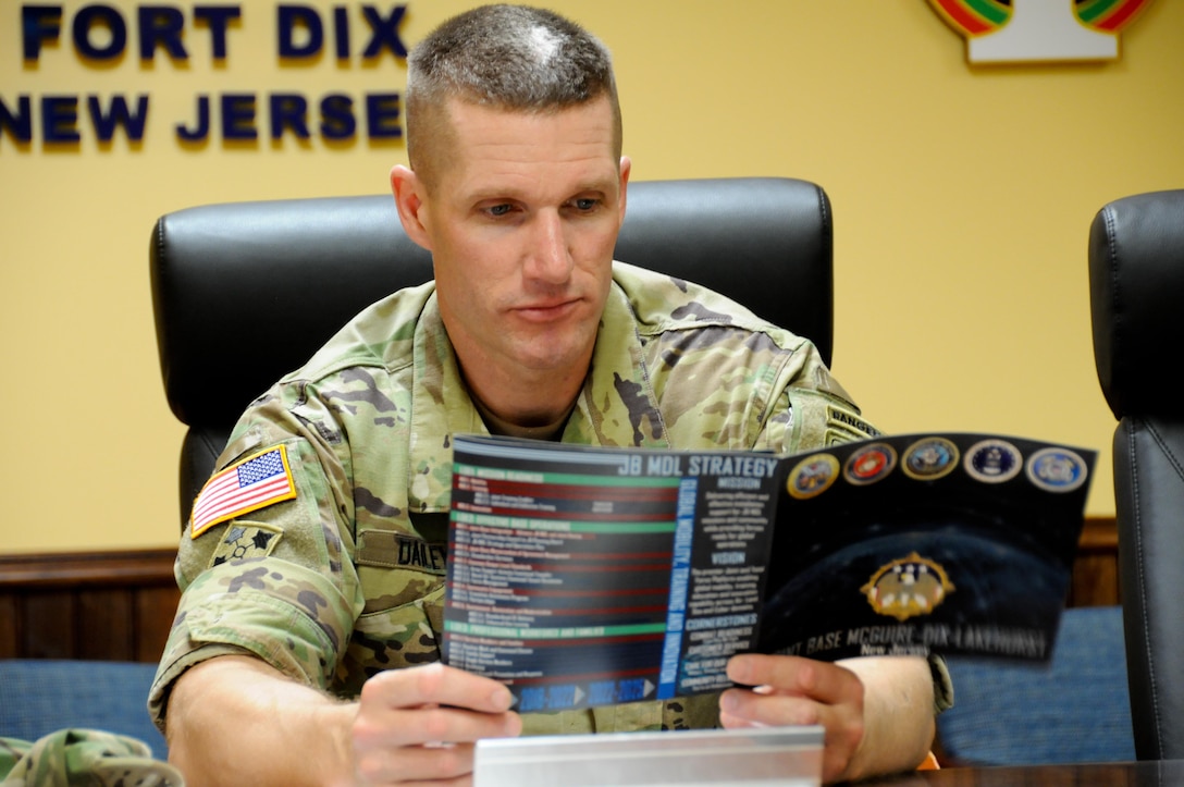 Sgt. Maj. of the Army Daniel A. Dailey reviews information provided at a command briefing by the U.S. Army Reserve’s 99th Regional Support Command during a visit July 7 to the command’s headquarters on Joint Base McGuire-Dix-Lakehurst, New Jersey. This event was part of a two-day visit to the joint base that included a tour of the base’s key mission and training assets as well as a town hall meeting with Soldiers and Army civilians. The driving force behind Dailey's visit was Soldier readiness, which allows the Total Army to continue to answer the nation's calls in an increasingly volatile and uncertain world.