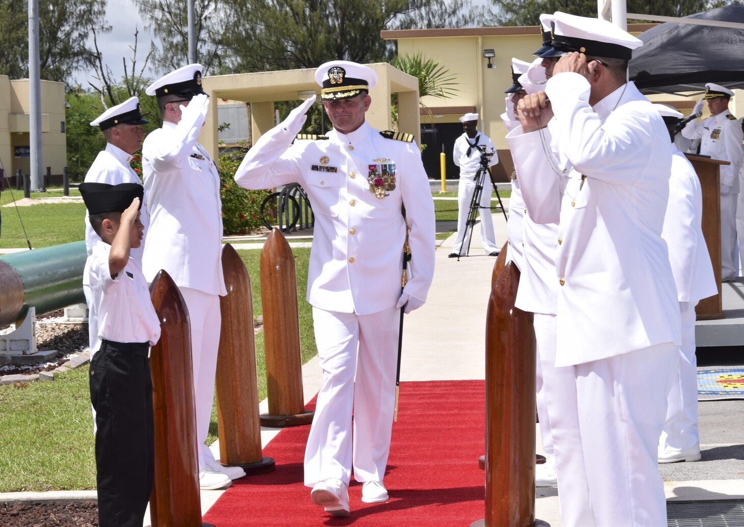 Capt. David Schappert, left, commander of Submarine Squadron 15, observes  the Japan Maritime Self-Defense Force submarine JS Soryu (SS-501) as it  arrives in Apra Harbor, Guam, for a port visit. - PICRYL 