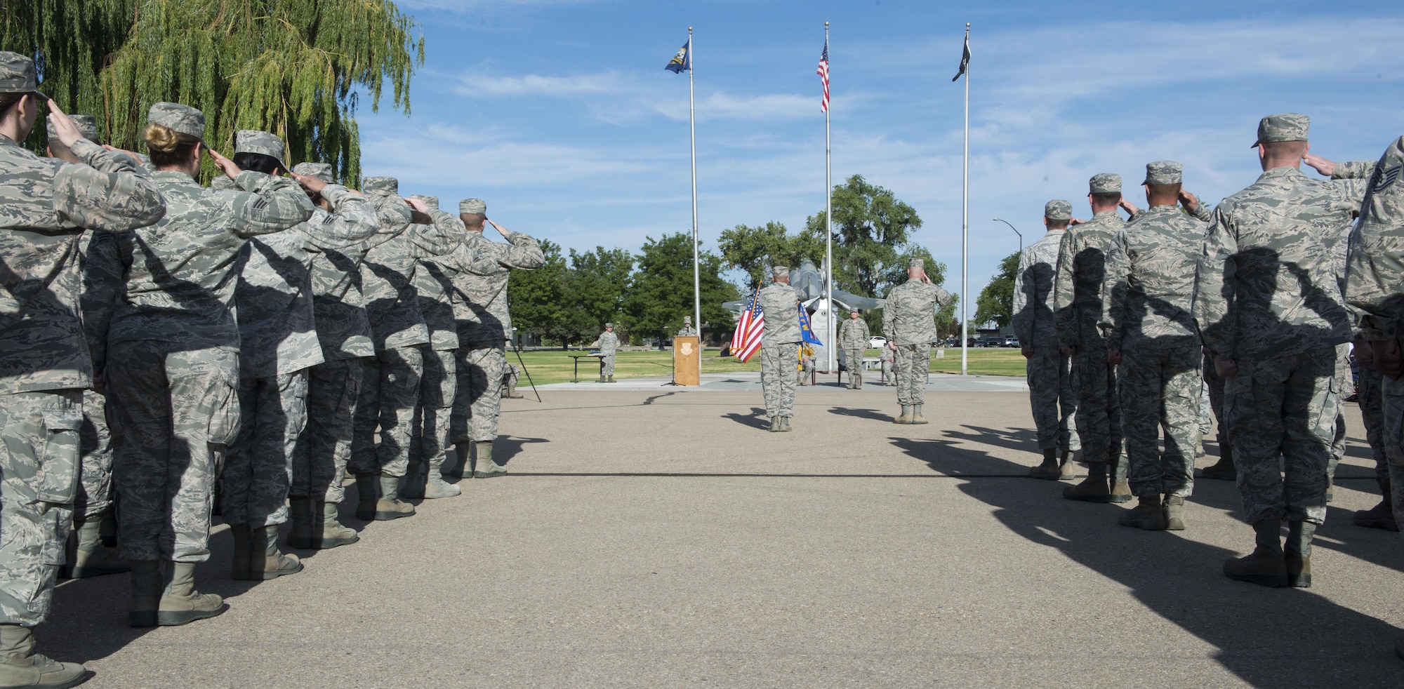 The 366th Mission Support Group renders its first salute to its commander, Col. John Blackwell, July 8, 2016, at Mountain Home Air Force Base, Idaho. Black will command 2,000 personnel. (U.S. Air Force photo by Senior Airman Malissa Lott/RELEASED)