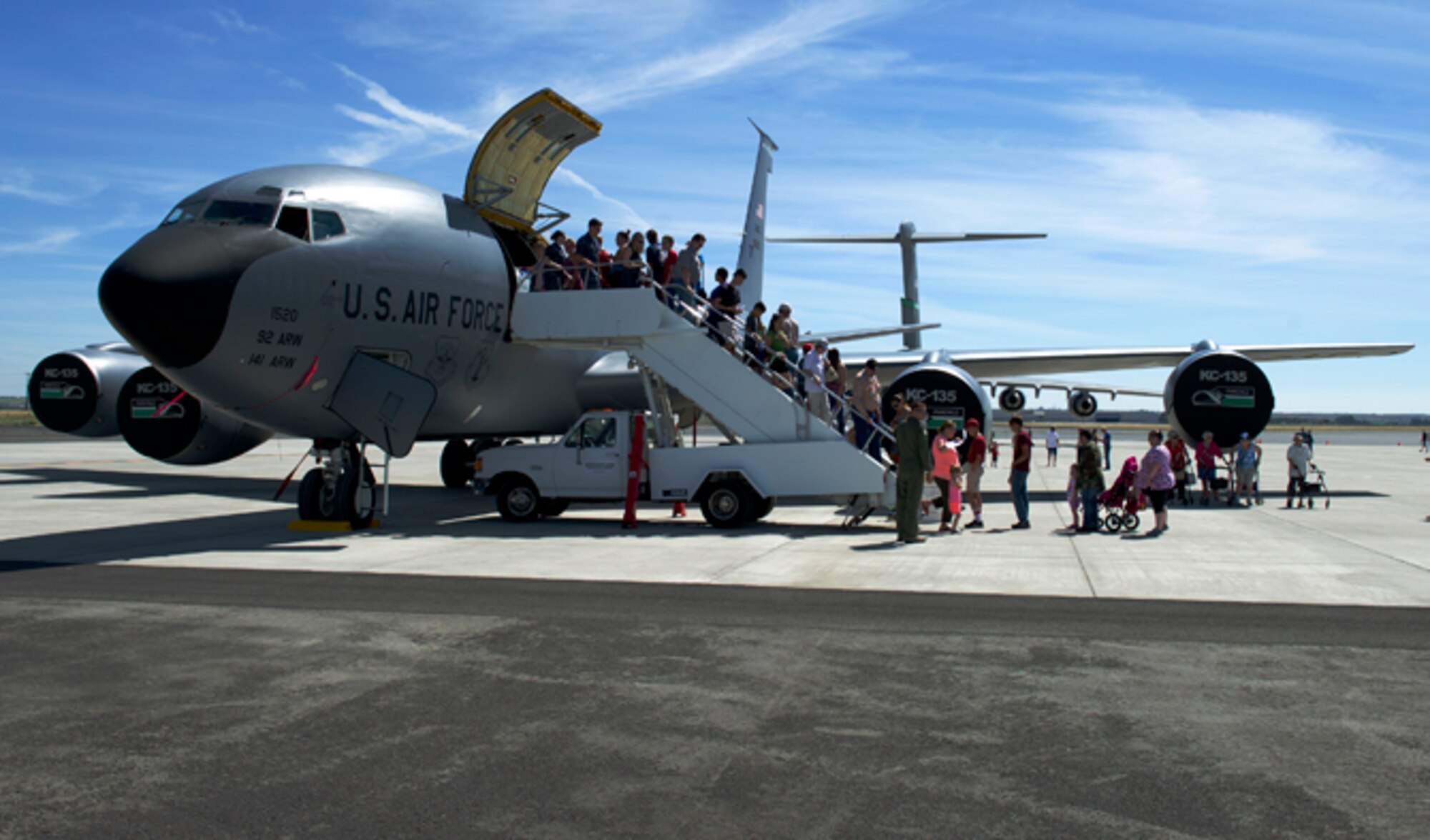 A Fairchild KC-135 Stratotanker serves as a static display at the 50th anniversary of the Port of Mosses Lake July 1, 2016, at Moses Lake, Wash. In 2011 Fairchild’s runway was undergoing construction and aircraft were unable to conduct missions from it. During this time Fairchild brought 28 airplanes to the Port of Moses Lake and conducted missions there for 11 months.

