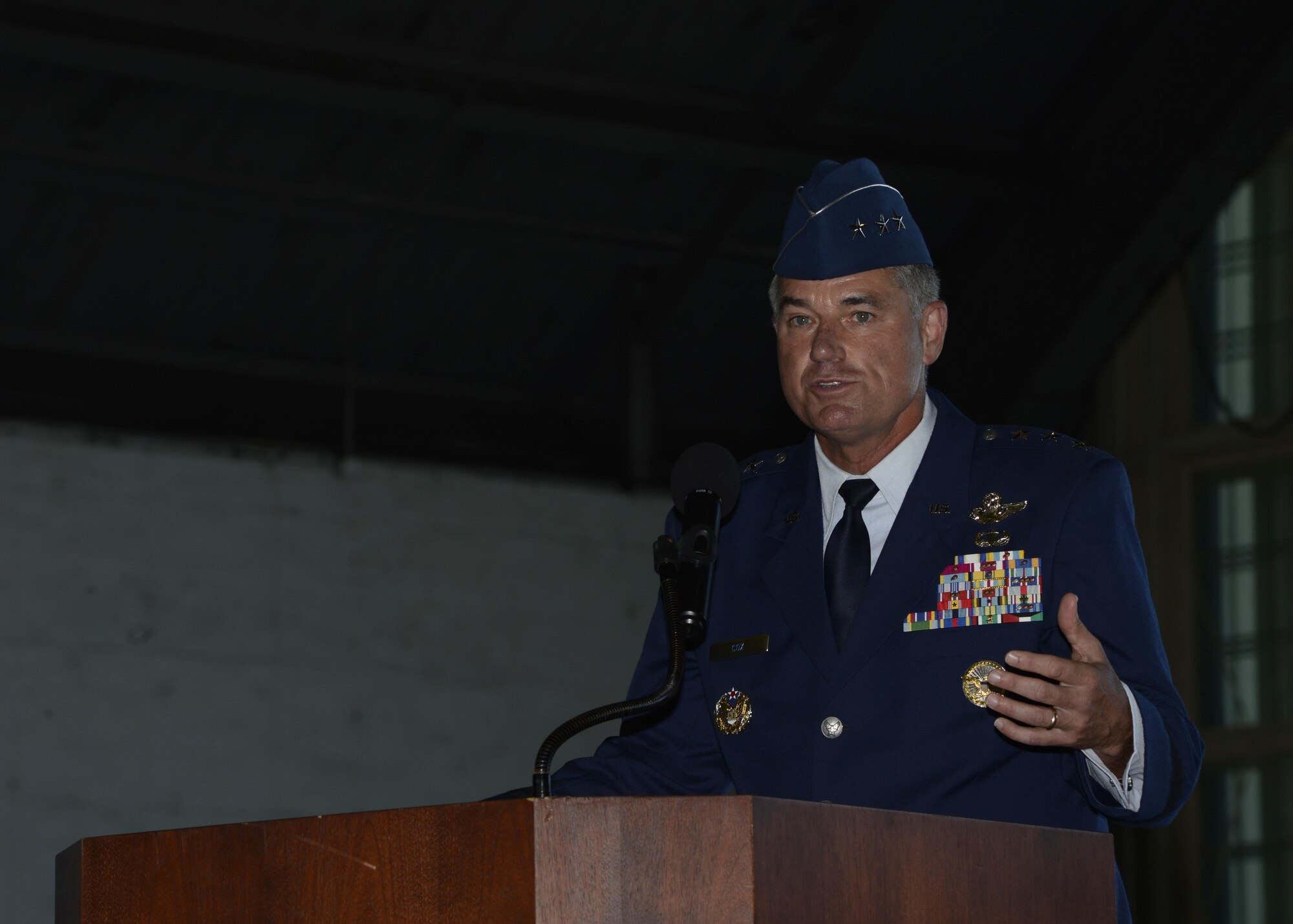Lt. Gen. Samuel Cox, commander of the 18th Air Force, delivers opening remarks during the 6th Air Mobility Wing change of command ceremony at MacDill Air Force Base, Fla., July 8, 2016. Col. April Vogel assumed command of the 6th AMW from Col. Daniel Tulley. (U.S. Air Force photo by Tech Sgt. Krystie Martinez)