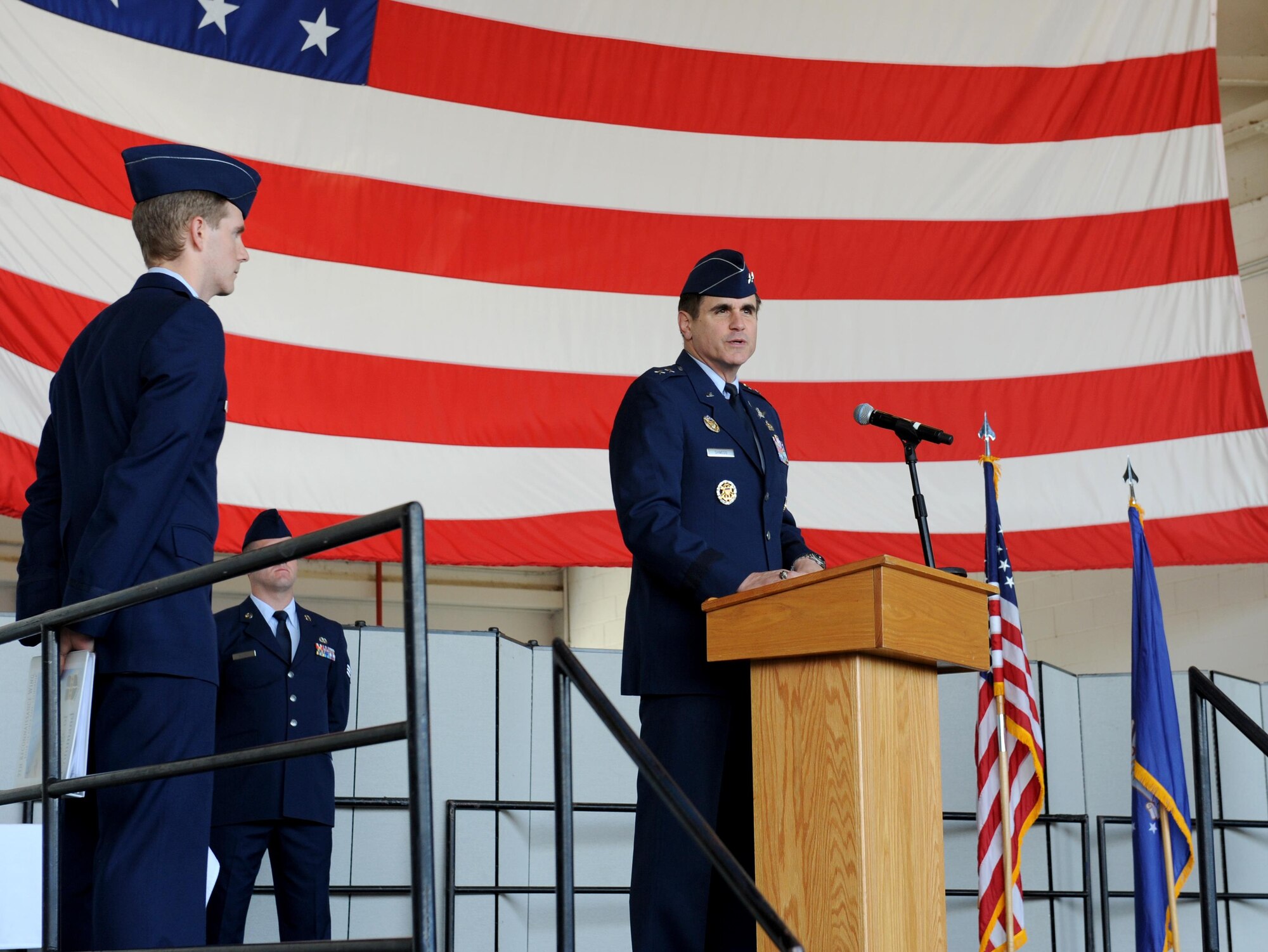 Maj. Gen. Bradford Shwedo (center), 25th Air Force commander speaks during a change of command ceremony at Beale Air Force Base, California July 8, 2016. Shwedo was the presiding official for the ceremony. (U.S. Air Force photo by Staff Sgt. Robert M. Trujillo)