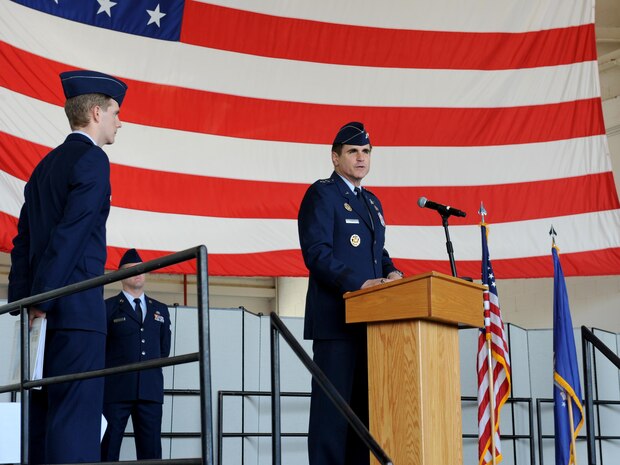 Maj. Gen. Bradford Shwedo (center), 25th Air Force commander speaks during a change of command ceremony at Beale Air Force Base, California July 8, 2016. Shwedo was the presiding official for the ceremony. (U.S. Air Force photo by Staff Sgt. Robert M. Trujillo)
